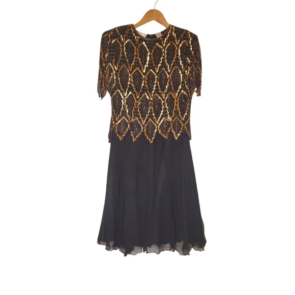 Vintage | Dresses | Golden Leaf Beaded And Sequin Black And Gold Flowy  Short Sleeve Evening Dress | Poshmark